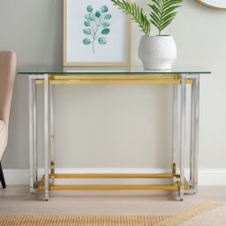 Orsina Glass Top Console Table, Gold & Silver Luxury Console Table, Modern Style Console Table with Glass Top - thumbnail 1