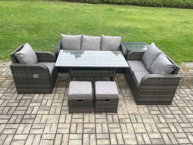 Fimous 8 Seater Garden Rattan Furniture Dining Table Sofa Set Indoor Outdoor with Reclining Chairs Side Table 2 Small Footstools Dark Grey Mixed - image 1