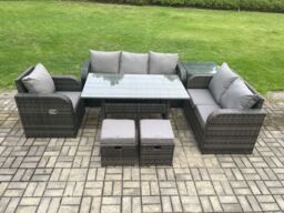 Fimous 8 Seater Garden Rattan Furniture Dining Table Sofa Set Indoor Outdoor with Reclining Chairs Side Table 2 Small Footstools Dark Grey Mixed - thumbnail 1