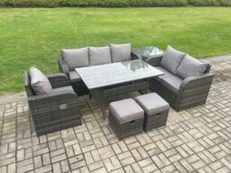 Fimous 8 Seater Garden Rattan Furniture Dining Table Sofa Set Indoor Outdoor with Reclining Chairs Side Table 2 Small Footstools Dark Grey Mixed - thumbnail 2