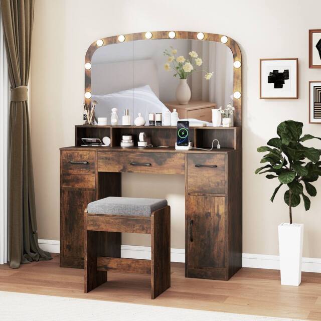 Costway 108 CM Wide Dressing Table Vanity Desk with Stool in Brown - image 1