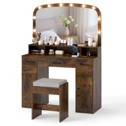 Costway 108 CM Wide Dressing Table Vanity Desk with Stool in Brown - thumbnail 3