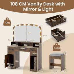 Costway 108 CM Wide Dressing Table Vanity Desk with Stool in Brown - thumbnail 2