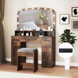 Costway 108 CM Wide Dressing Table Vanity Desk with Stool in Brown - thumbnail 4