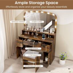 Costway 108 CM Wide Dressing Table Vanity Desk with Stool in Brown - thumbnail 7