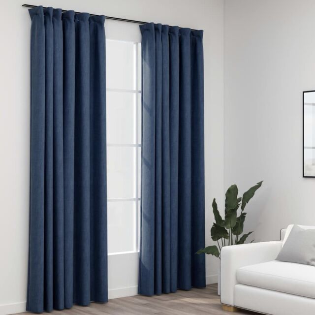 Berkfield Home Linen-Look Blackout Curtains with Hooks 2 pcs Blue 140x225 cm - image 1