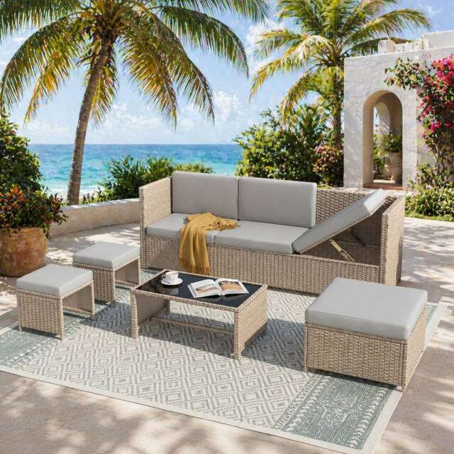 Merax 4-6 Seater Garden Lounge Set with Coffee Table & Stools in Khaki - image 1