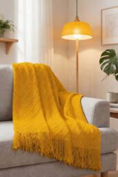 Living and Home Pattern Knitted Throw Blanket with Fringed Edges in Yellow - Size: 130 cm x 170 cm - thumbnail 1