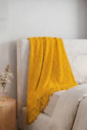 Living and Home Pattern Knitted Throw Blanket with Fringed Edges in Yellow - Size: 130 cm x 170 cm - thumbnail 3