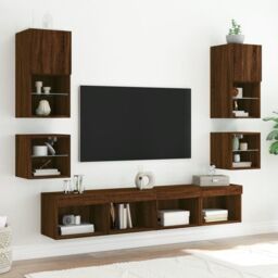 Berkfield Home TV Wall Cabinets with LED Lights 2 pcs Brown Oak 30x28.5x30 cm - thumbnail 5
