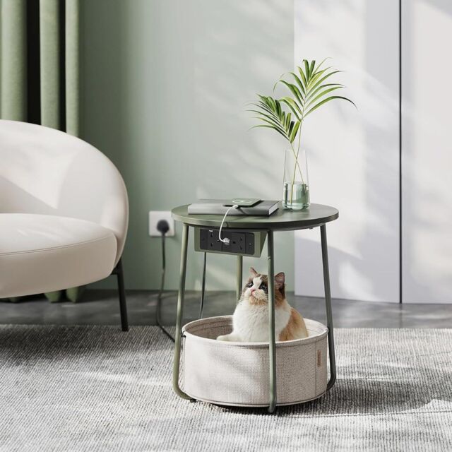 VASAGLE Round Side Table Charging Station Power Outlets USB Fabric Basket in Dark Olive - image 1