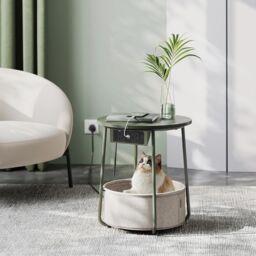 VASAGLE Round Side Table Charging Station Power Outlets USB Fabric Basket in Dark Olive