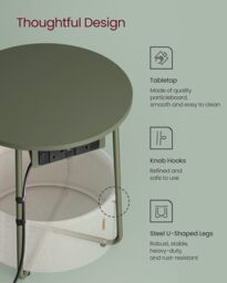 VASAGLE Round Side Table Charging Station Power Outlets USB Fabric Basket in Dark Olive - thumbnail 5