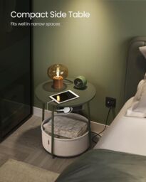VASAGLE Round Side Table Charging Station Power Outlets USB Fabric Basket in Dark Olive - thumbnail 3