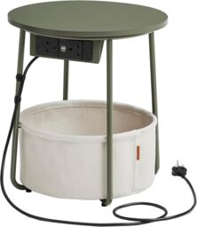 VASAGLE Round Side Table Charging Station Power Outlets USB Fabric Basket in Dark Olive - thumbnail 8