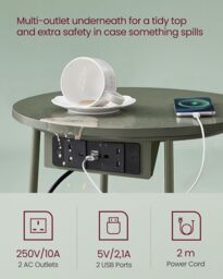 VASAGLE Round Side Table Charging Station Power Outlets USB Fabric Basket in Dark Olive - thumbnail 4