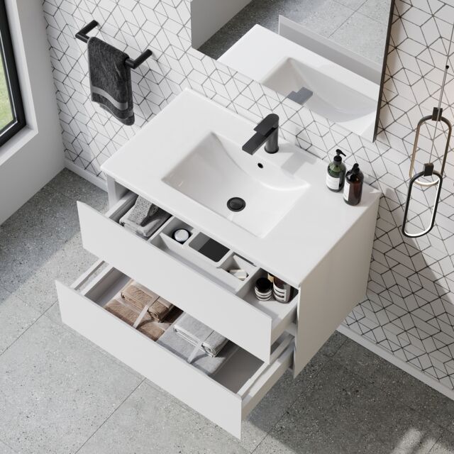 Banyetti Kameo 800mm Wall Hung 2 Drawer Vanity Unit with Lira Basin-Matt White - image 1