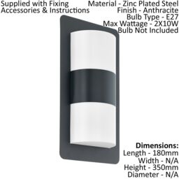Loops IP44 Outdoor Wall Light Anthracite Zinc Plated Steel 2 x 10W E27 Bulb in Metallics - thumbnail 2
