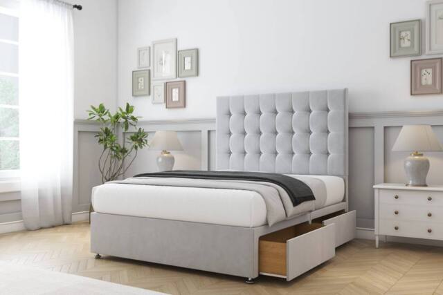 "Comfort Beds Savannah Plush Divan Base 2 Drawers - 26"" Headboard in Silver - Size: King" - image 1