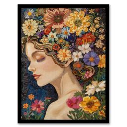 "Artery8 Wall Art Print Woman with Spring Flower Headdress Mosaic Art Framed Poster in Black - Size: W12"" x H16""" - thumbnail 1