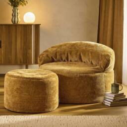 icon Orb Accent Chair & Milano Round Footstool Chenille in Gold - thumbnail 1