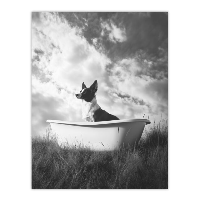 "Artery8 Collie in a Bathtub Black White Surreal Dog Lover Wall Art Print in Grey - Size: W24"" x H32""" - image 1