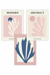 ARTZE Set of 3 Matisse Style Floral Cut Out Navy & Pink Art Posters in Dusty Pink - Size: W50 cm x H70 cm - thumbnail 1