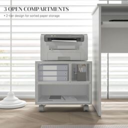 HOMCOM 2-Tier Printer Stand with Storage, Under Desk Printer Cart on Wheels with 3 Compartments, Desktop Printer Table for Home Office in White - thumbnail 4