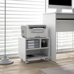 HOMCOM 2-Tier Printer Stand with Storage, Under Desk Printer Cart on Wheels with 3 Compartments, Desktop Printer Table for Home Office in White - thumbnail 1