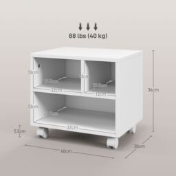 HOMCOM 2-Tier Printer Stand with Storage, Under Desk Printer Cart on Wheels with 3 Compartments, Desktop Printer Table for Home Office in White - thumbnail 3