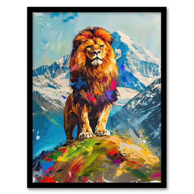 "Artery8 Colourful Lion Nature Animal Lover Mountain King Framed Art Print in Blue - Size: W12"" x H16""" - image 1