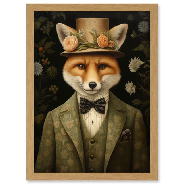 Artery8 Wall Art Print Fox in Floral Victorian Suit & Top Hat Surrealism Artwork Green Orange Woodland Gentleman Artwork Framed A4 in Light Oak - image 1