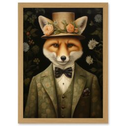 Artery8 Wall Art Print Fox in Floral Victorian Suit & Top Hat Surrealism Artwork Green Orange Woodland Gentleman Artwork Framed A4 in Light Oak - thumbnail 1