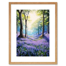 Artery8 Wall Art Print Bluebell Forest Sunshine Vibrant Artwork Purple Blue Flowers Early Morning Serene Landscape Artwork Framed 9X7 Inch - thumbnail 1
