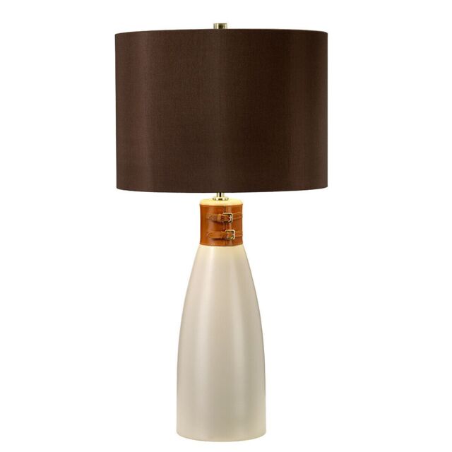 Loops Table Lamp Brown Leather Brass Strap Brown Faux Silk Cylinder Shade LED E27 60W - image 1