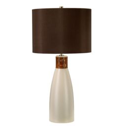 Loops Table Lamp Brown Leather Brass Strap Brown Faux Silk Cylinder Shade LED E27 60W - thumbnail 2