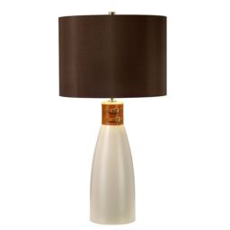 Loops Table Lamp Brown Leather Brass Strap Brown Faux Silk Cylinder Shade LED E27 60W - thumbnail 1