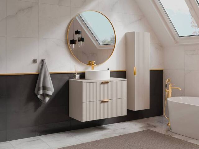 Vente-unique Fluted Wall-Hung Bathroom Unit With Round Countertop Basin & Tall in Beige