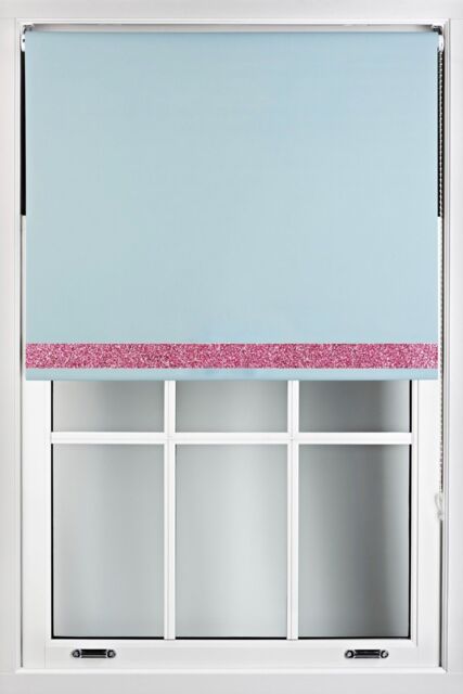Furnished Duck Egg Blue Blackout Fabric with Pink Glitter Accent - Trimmable Roller Blind - Size: 80 cm width x 210 cm drop