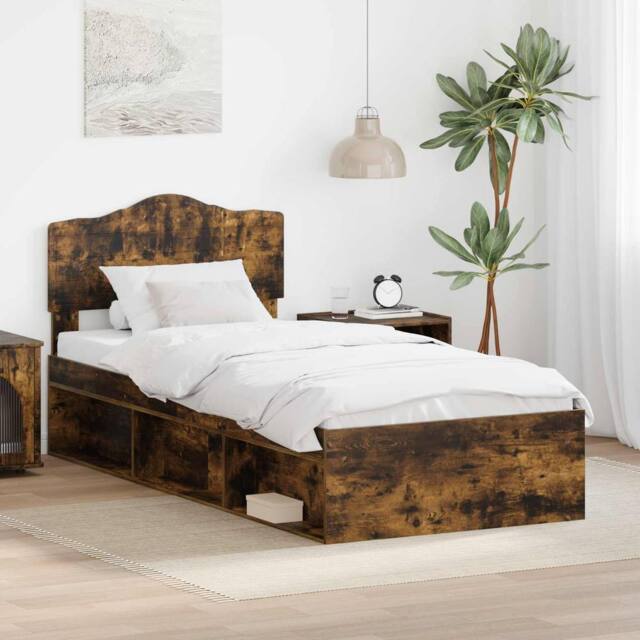 Berkfield Home Bed Frame with Headboard Smoked Oak 90 x 200 cm Solid Pine Wood in Brown - image 1