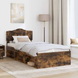 Berkfield Home Bed Frame with Headboard Smoked Oak 90 x 200 cm Solid Pine Wood in Brown - thumbnail 3