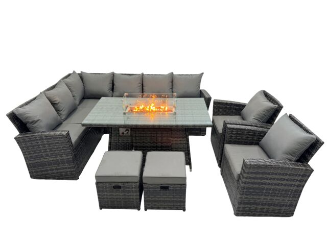 Fimous Rattan Outdoor Gas Firpit Table Sofa Set with 2 Small Stools 2 Chairs in Dark Grey - image 1