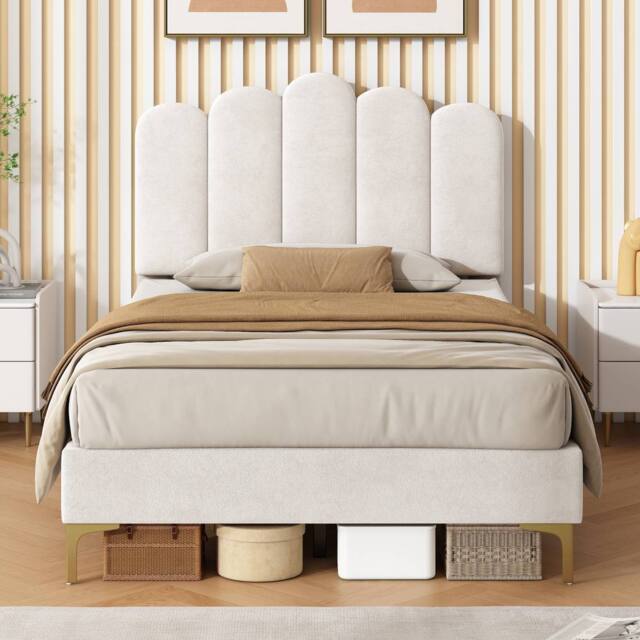 Merax 3ft Single Velvet Tufted Upholstered Bed with Adjustable Headboard in Beige - Size: Double - image 1