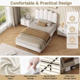 Merax 3ft Single Velvet Tufted Upholstered Bed with Adjustable Headboard in Beige - Size: Double - thumbnail 6