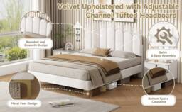 Merax 3ft Single Velvet Tufted Upholstered Bed with Adjustable Headboard in Beige - Size: Double - thumbnail 8