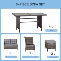 OUTSUNNY 6 Pieces Sofa Set Furniture Rattan Cushion Seat Wicker Black Garden in Grey - thumbnail 4