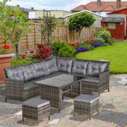 OUTSUNNY 6 Pieces Sofa Set Furniture Rattan Cushion Seat Wicker Black Garden in Grey - thumbnail 1