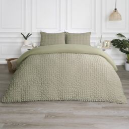 OHS Luxury Seersucker Duvet Cover Set Geo Pillowcase Quilt in Light Green - Size: King - thumbnail 1