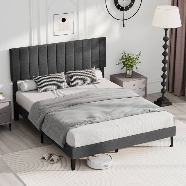 Costway King Size Linen Fabric Bed Frame Upholstered Platform Bed w/Headboard in Grey - image 1