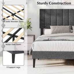 Costway King Size Linen Fabric Bed Frame Upholstered Platform Bed w/Headboard in Grey - thumbnail 8
